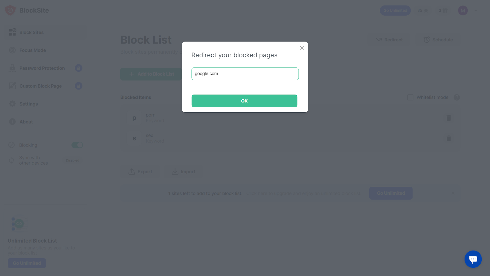 redirect blocked sites with BlockSite