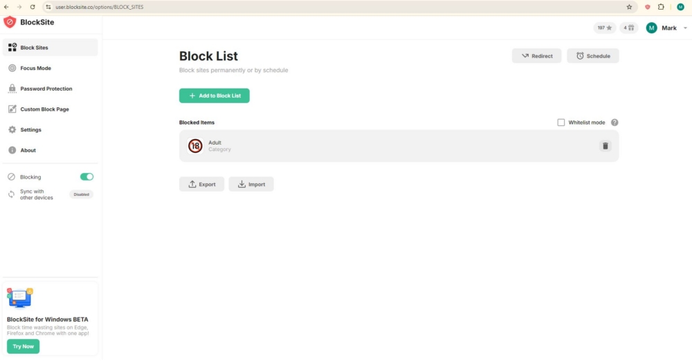 Block the adult site category