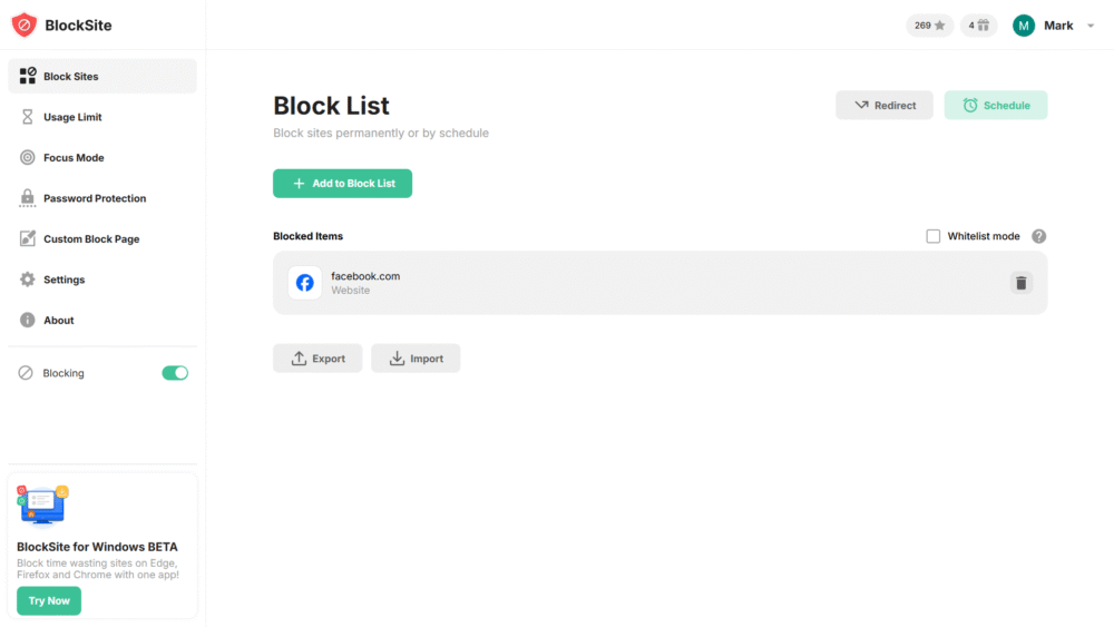 Confirm Facebook is in your block list