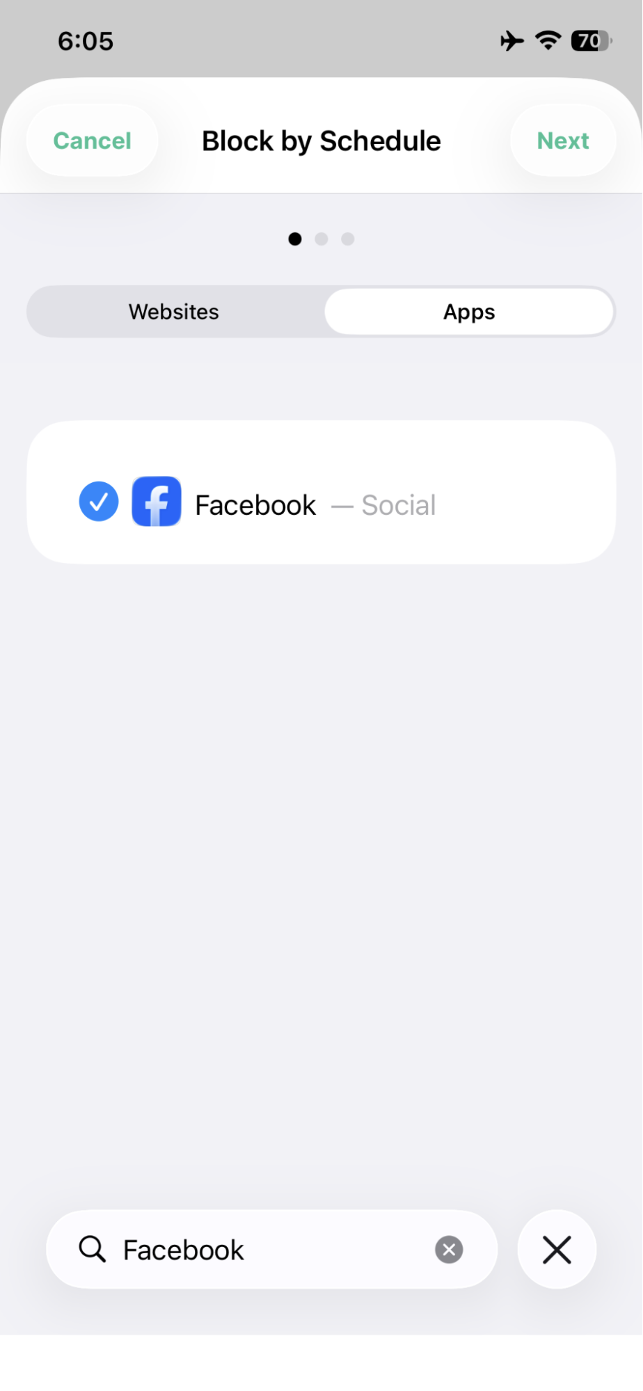 Search for Facebook under apps and select it