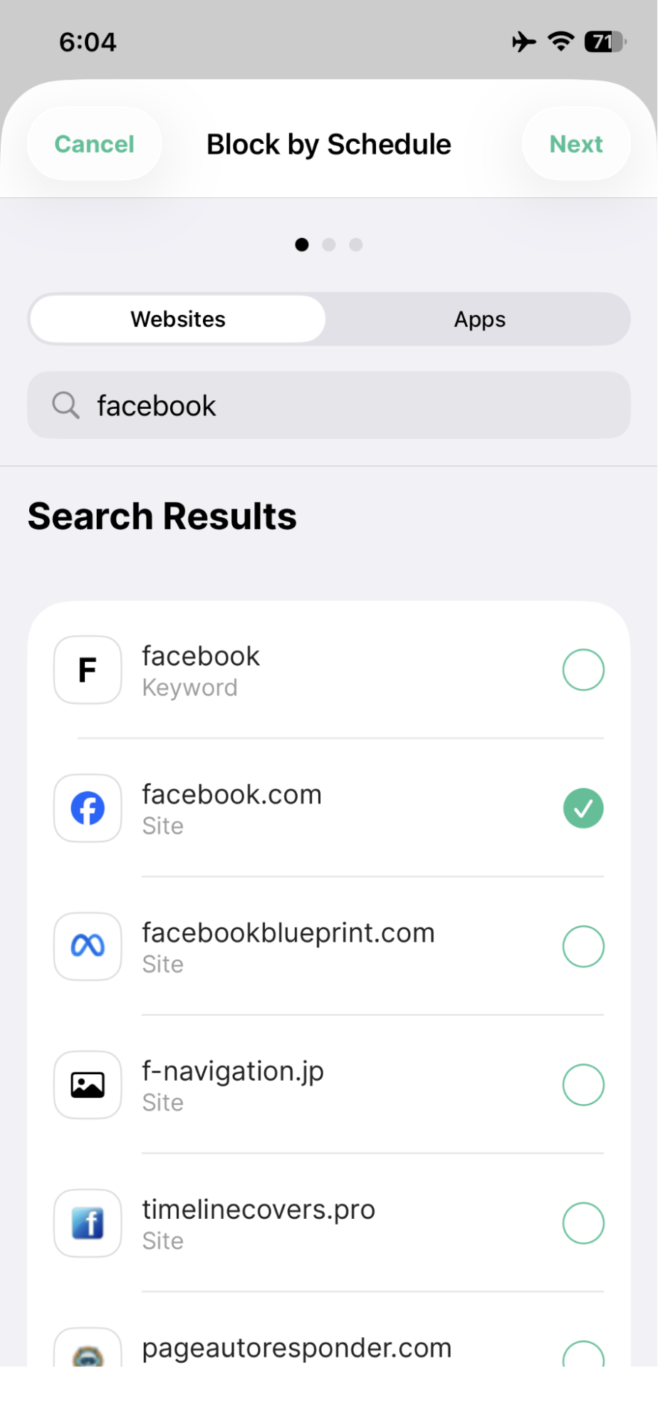 Search for facebook.com under websites