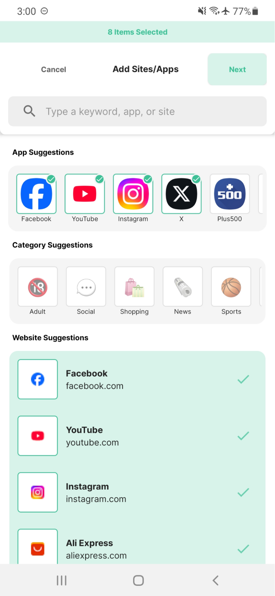 Select distracting apps