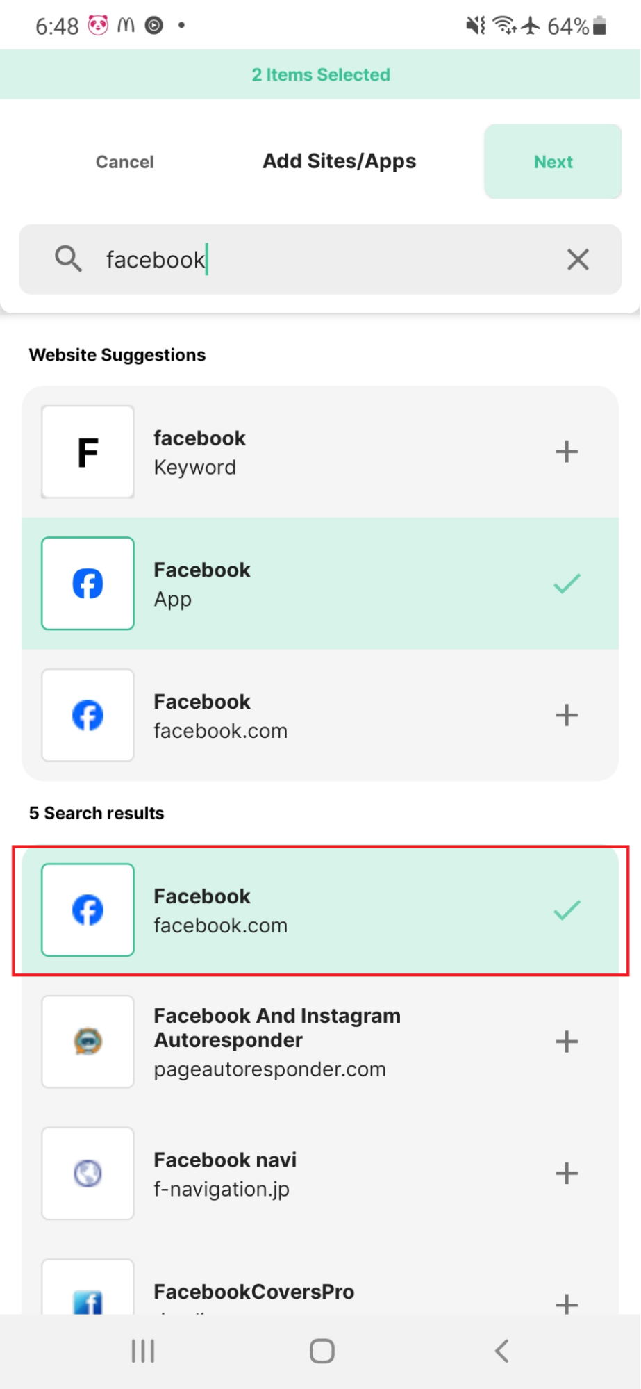 Select facebook.com - Android